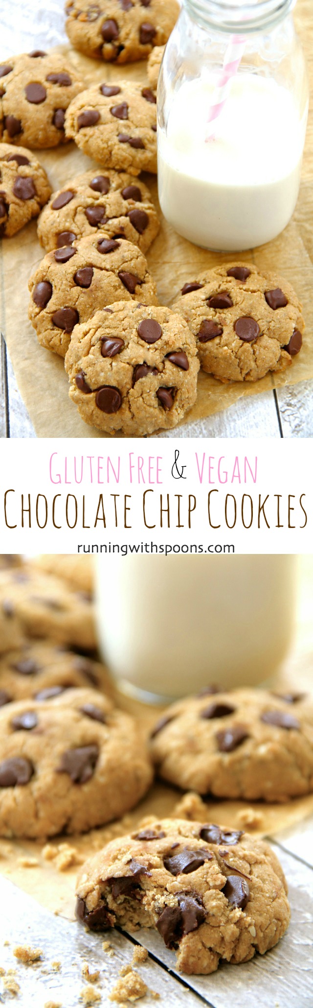 These delicious gluten free vegan chocolate chip cookies will please even gluten-eaters and non-vegans! Soft, chewy, and loaded with chocolate chips, they're a healthier cookie that everyone will love!