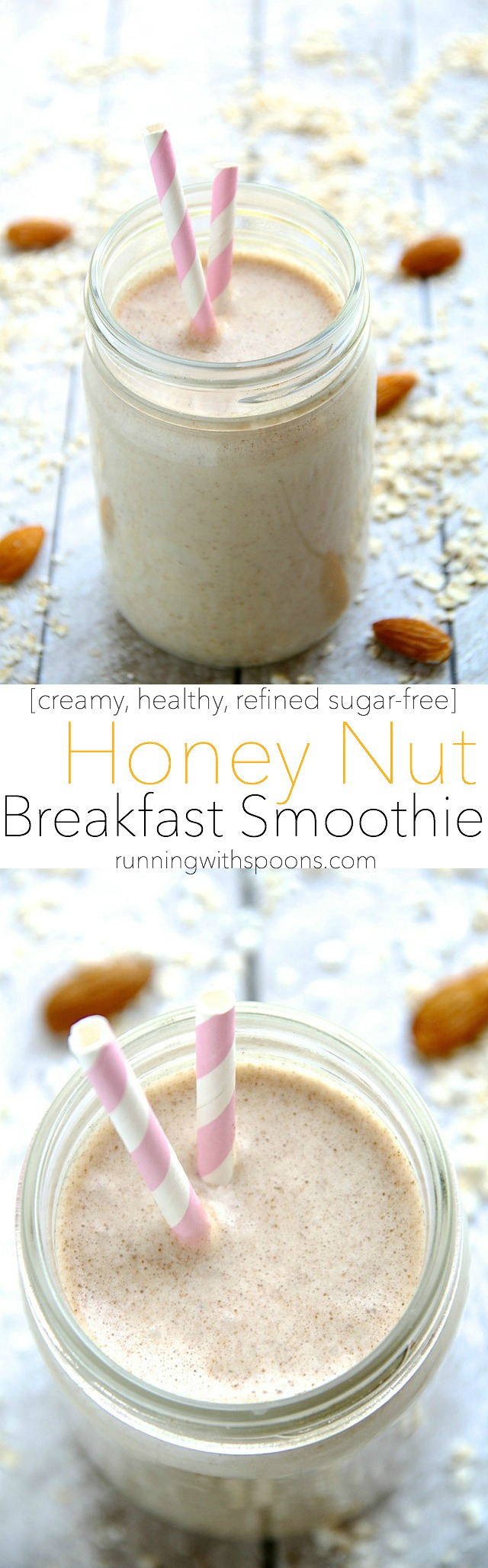 Honey Nut Breakfast Smoothie -- start your day off on the right foot with this creamy and comforting smoothie that combines the simple flavours of honey and nuts in a wholesome and satisfying breakfast! || runningwithspoons.com