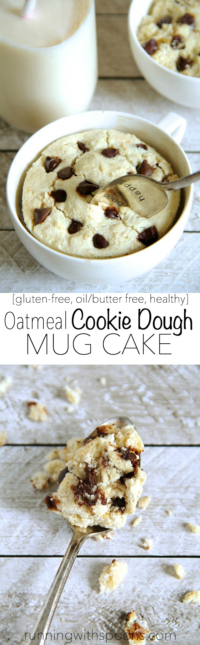 Oatmeal Cookie Dough Mug Cake -- satisfy your cravings in less than 5 minutes with this delicious gluten-free mug cake! Single-serve and made with healthy ingredients, it makes the PERFECT snack! || runningwithspoons.com