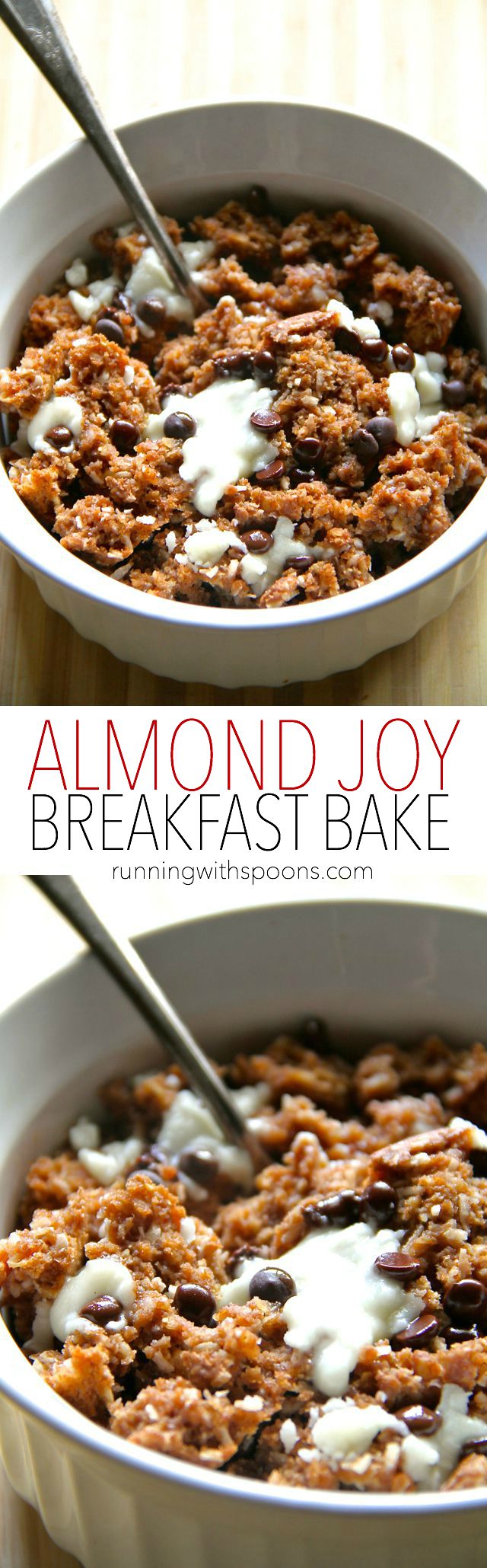 Almond Joy Breakfast Bake -- a soft and doughy oatmeal bake that combines the flavours of almonds, coconut, and chocolate in a healthy and delicious breakfast! | runningwithspoons.com #recipe #vegan #glutenfree