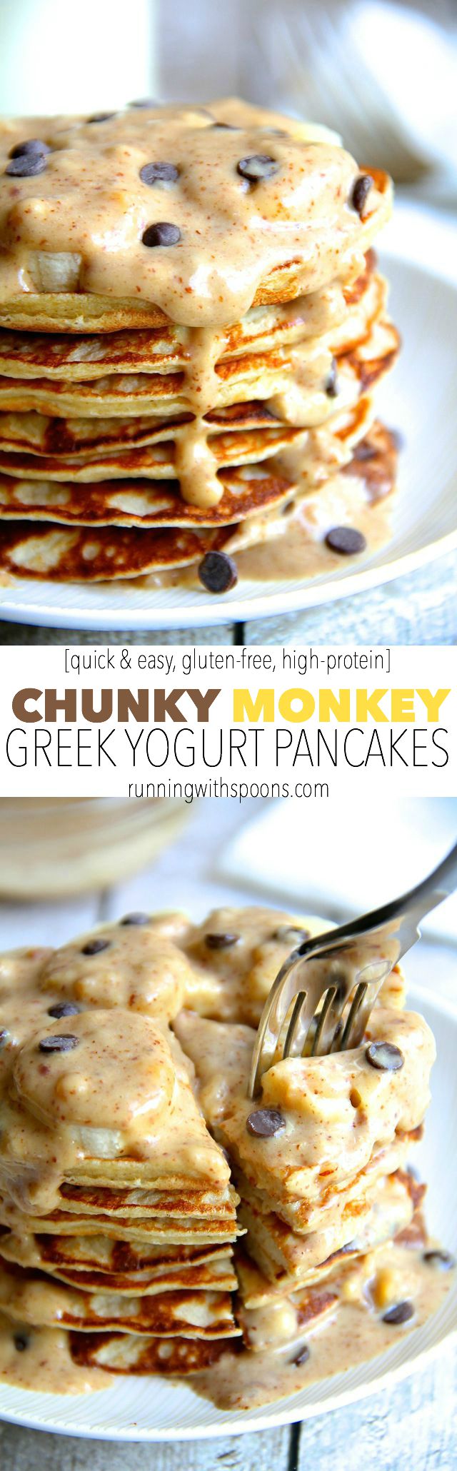 Chunky Monkey Greek Yogurt Pancakes -- a quick and easy gluten-free breakfast that packs over 20g of protein! || runningwithspoons.com