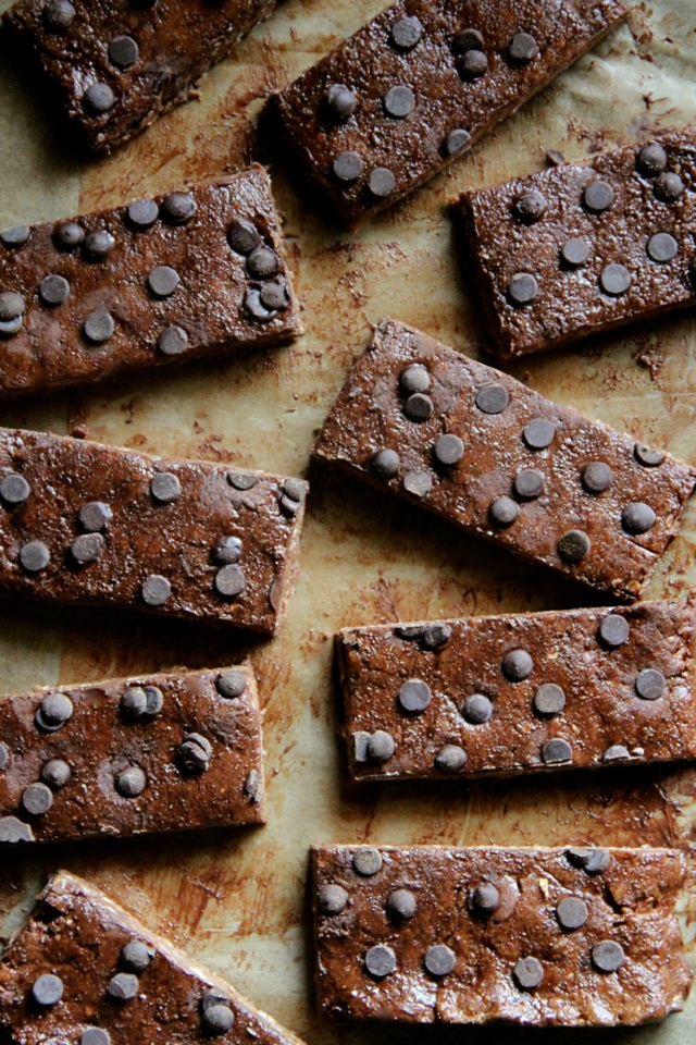 Double Chocolate Fudge Protein Bars -- these soft and fudgy no-bake chocolate bars are vegan, gluten-free, and make a PERFECT healthy snack! || runningwithspoons.com
