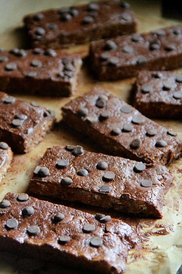 Double Chocolate Fudge Protein Bars -- these soft and fudgy no-bake chocolate bars are vegan, gluten-free, and make a PERFECT healthy snack! || runningwithspoons.com