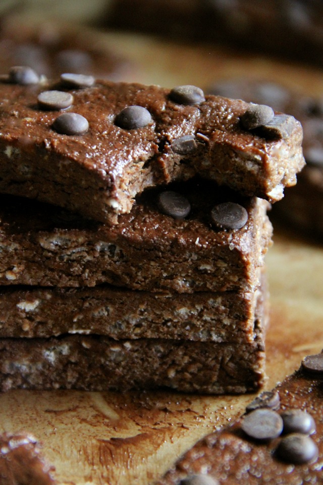 Double Chocolate Fudge Protein Bars -- these soft and fudgy no-bake chocolate bars are vegan, gluten-free, and make a PERFECT healthy snack! || runningwithspoons.com