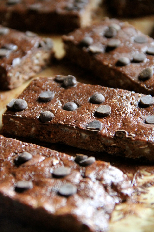 Double Chocolate Fudge Protein Bars -- these soft and fudgy no-bake chocolate bars are vegan, gluten-free, and make a PERFECT healthy snack! || runningwithspoons.com