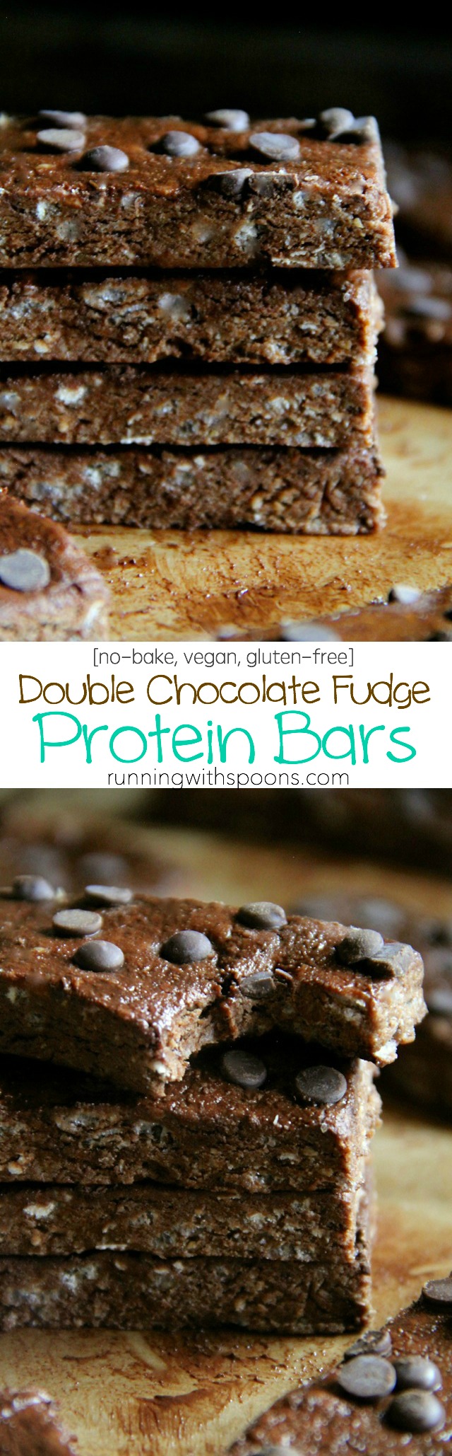 Double Chocolate Fudge Protein Bars -- these soft and fudgy no-bake chocolate bars are vegan, gluten-free, and make a PERFECT healthy snack! || runningwithspoons.com