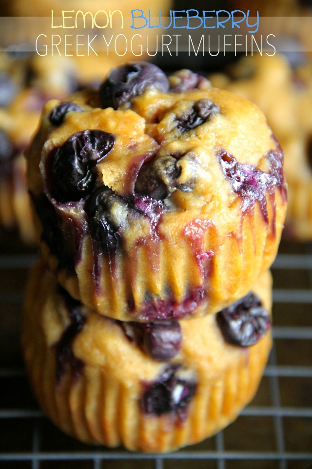 Lemon Blueberry Greek Yogurt Muffins -- soft and tender muffins made with Greek yogurt and loaded with blueberries. These healthy muffins make a PERFECT breakfast or snack! || runningwithspoons.com