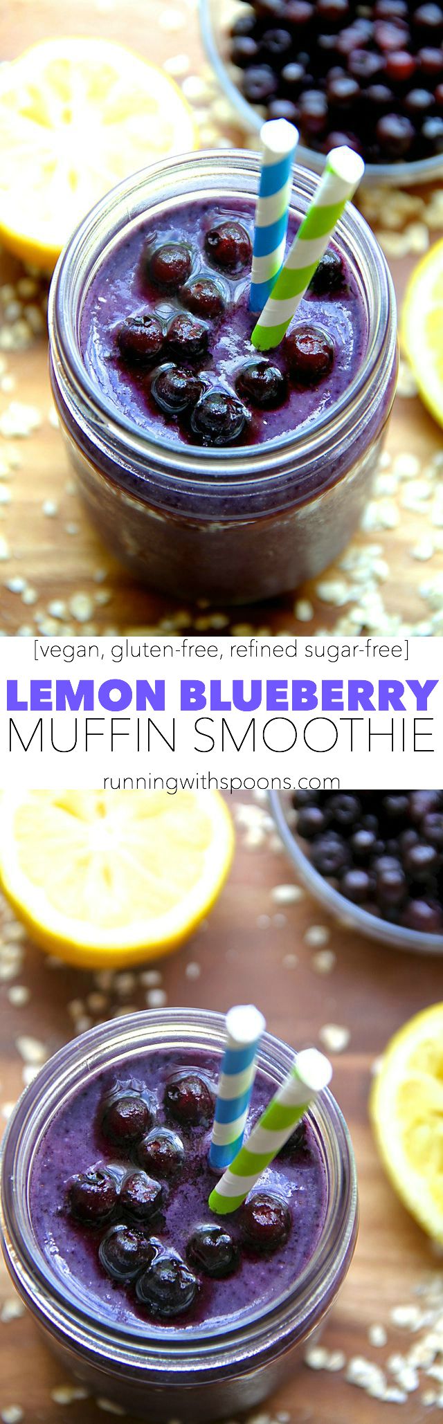 Lemon Blueberry Muffin Smoothie -- cool, creamy, and comforting thanks to the addition of a special ingredient! || runningwithspoons.com #vegan #healthy