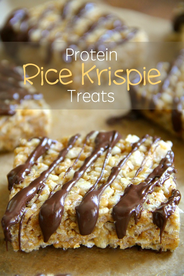 Protein Rice Krispie Treats -- a grown-up twist on a classic childhood favourite! Made without butter or marshmallows, these healthy bars are vegan, gluten-free, refined sugar-free, and make a great balanced snack! || runningwithspoons.com