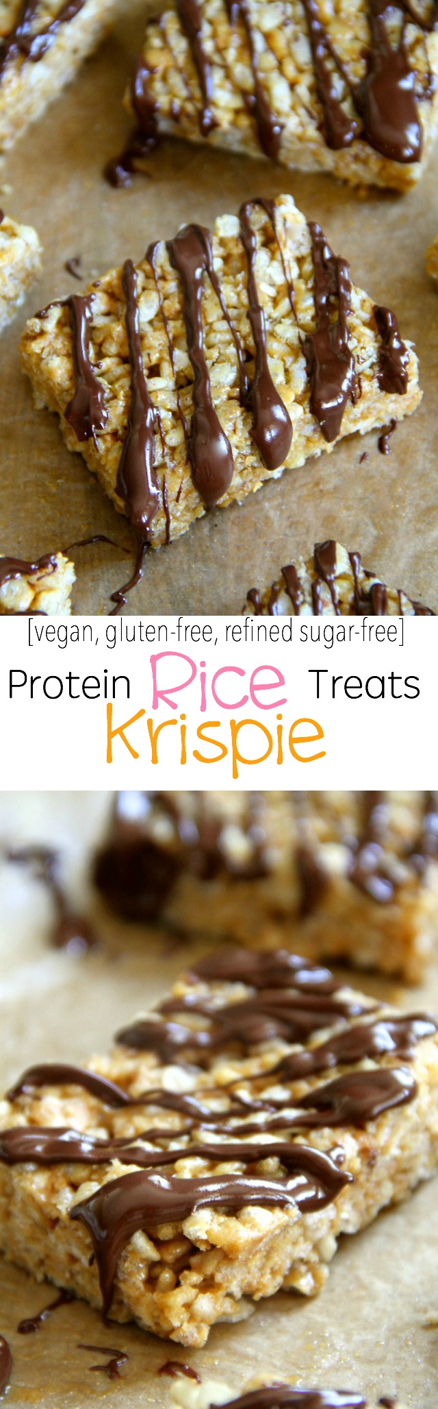 Protein Rice Krispie Treats -- a grown-up twist on a classic childhood favourite! Made without butter or marshmallows, these healthy bars are vegan, gluten-free, refined sugar-free, and make a great balanced snack! || runningwithspoons.com