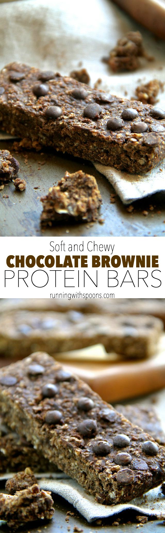 Soft and Chewy Chocolate Brownie Protein Bars -- a quick and easy homemade protein bar that's PERFECT for chocolate lovers! Gluten-free, vegan, and refined sugar-free, it makes a delicious balanced snack! || runningwithspoons.com