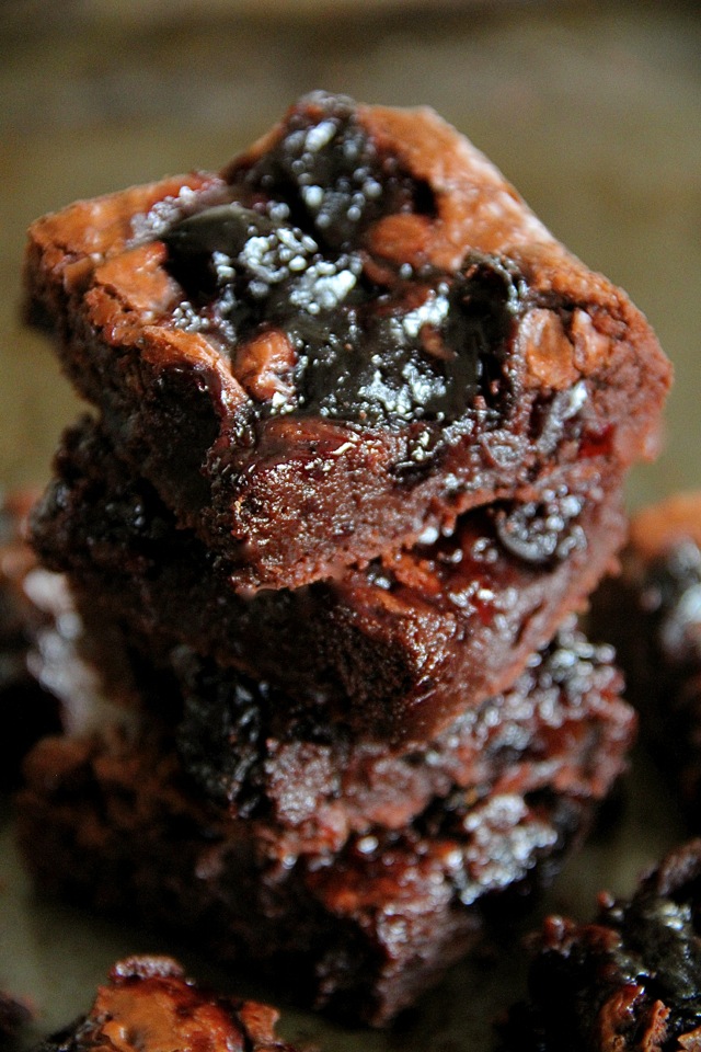 Flourless Double Chocolate Cherry Brownies -- rich and fudgy brownies that are grain-free and made without beans! || runningwithspoons.com #glutenfree #chocolate #brownies