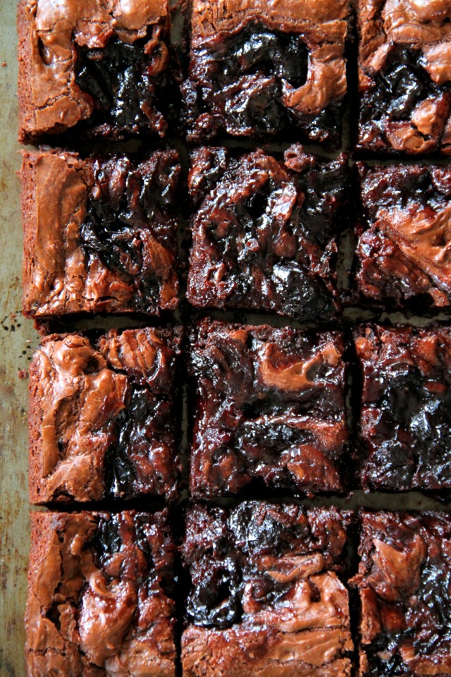 Flourless Double Chocolate Cherry Brownies -- rich and fudgy brownies that are grain-free and made without beans! || runningwithspoons.com #glutenfree #chocolate #brownies