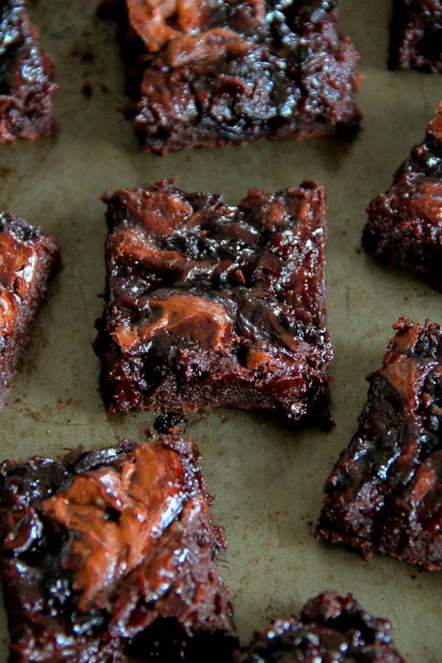 Flourless Double Chocolate Cherry Brownies -- rich and fudgy brownies that are grain-free and made without beans! || runningwithspoons.com #glutenfree #chocolate #brownies