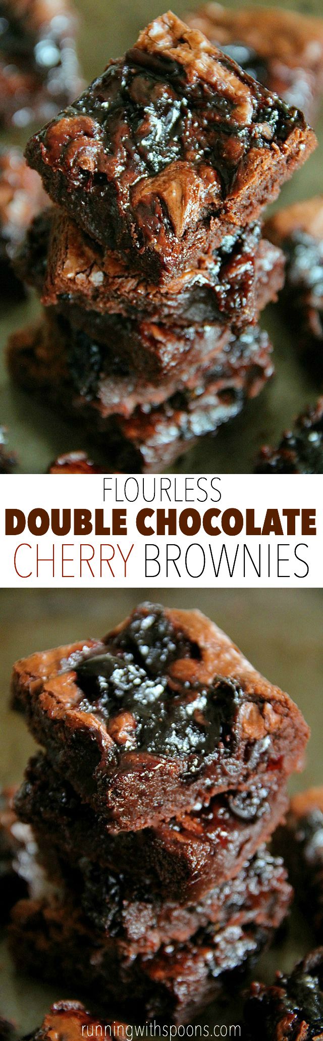 Flourless Double Chocolate Cherry Brownies -- rich and fudgy brownies that are grain-free and made without beans! || runningwithspoons.com #glutenfree #chocolate #brownies