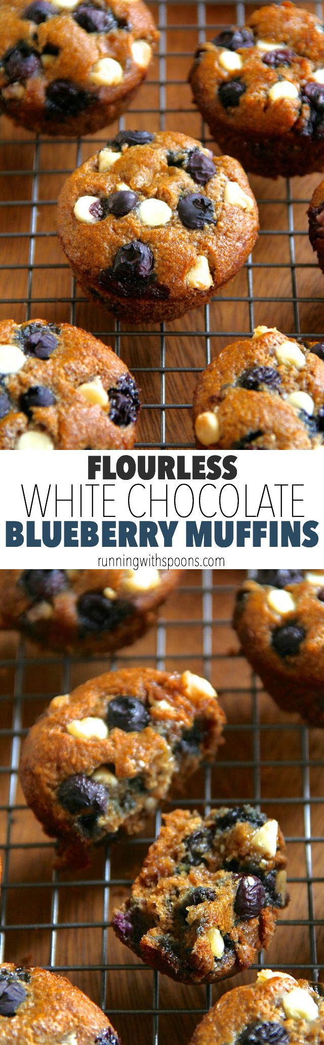 Flourless White Chocolate Blueberry Muffins -- gluten-free, oil-free, dairy-free, refined sugar-free, but so soft and delicious that you'd never be able to tell! || runningwithspoons.com