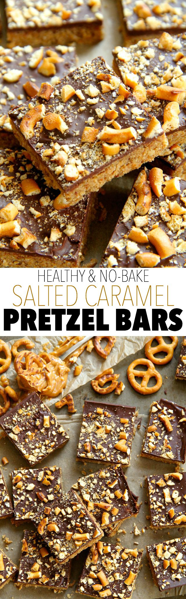 No Bake Salted Caramel Pretzel Bars -- sweet, salty, and melt-in-your-mouth delicious! These bars are made without flour, butter, or refined sugar || runningwithspoons.com #vegan #snack #bars