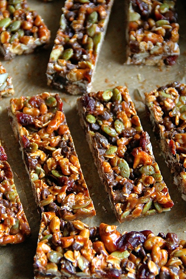 No Bake Trail Mix Granola Bars -- sweet, salty, chewy, and crisp, these granola bars are sure to satisfy any craving! || runningwithspoons.com #glutenfree #vegan