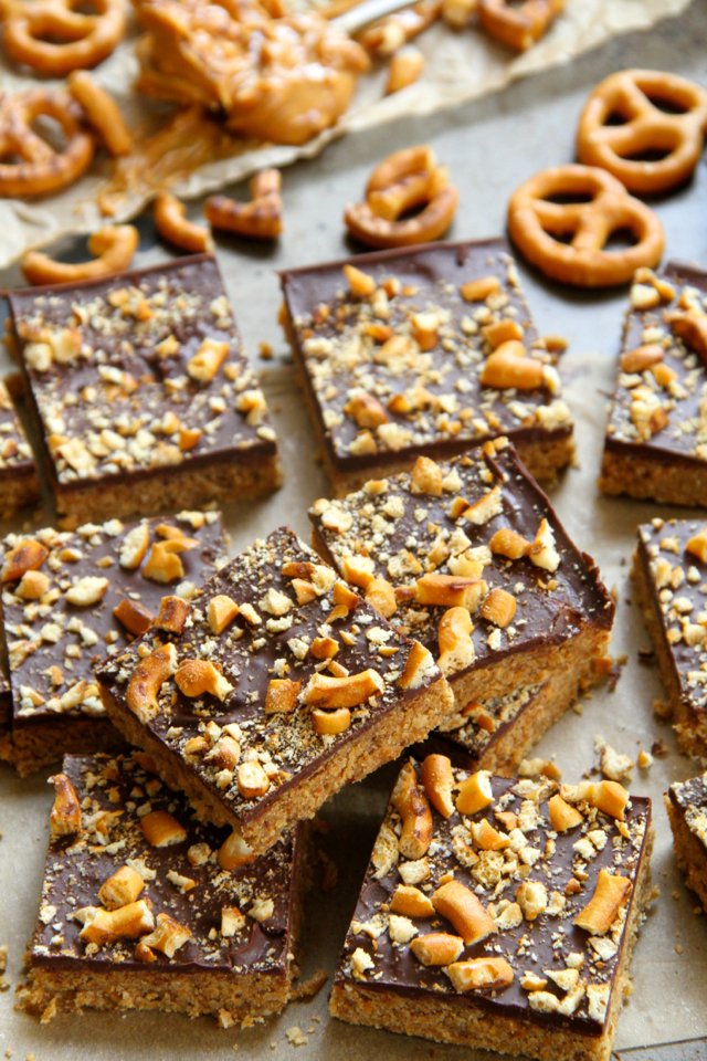 No Bake Salted Caramel Pretzel Bars -- sweet, salty, and melt-in-your-mouth delicious! These bars are made without flour, butter, or refined sugar || runningwithspoons.com #vegan #snack #bars