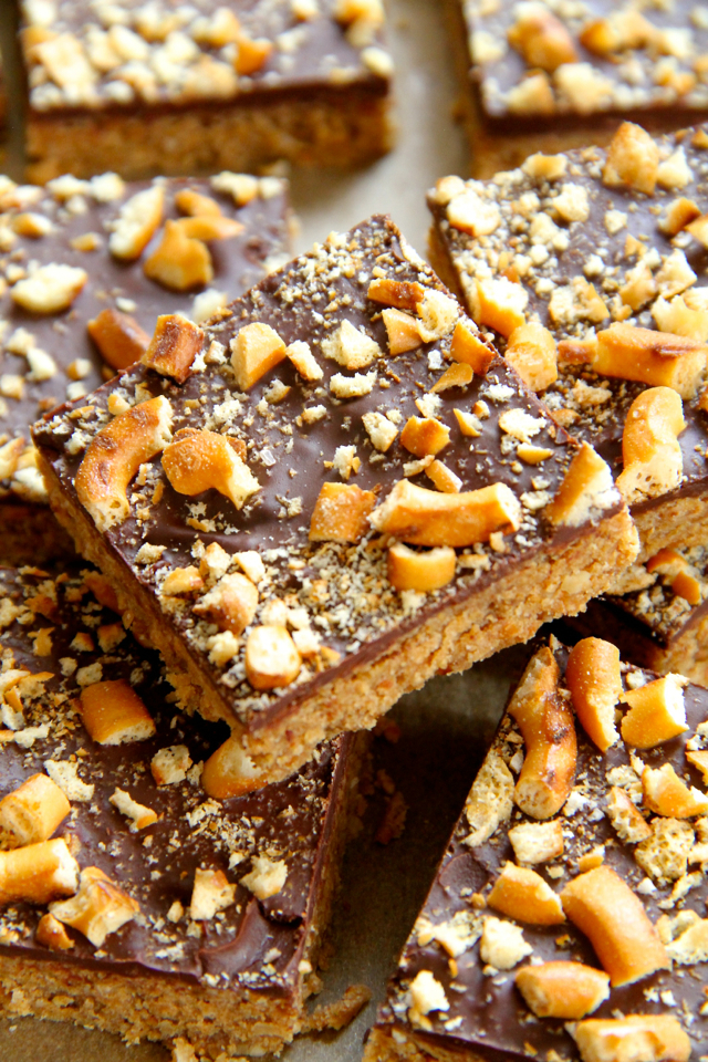 No Bake Salted Caramel Pretzel Bars -- sweet, salty, and melt-in-your-mouth delicious! These bars are made without flour, butter, or refined sugar || runningwithspoons.com #vegan #snack #bars