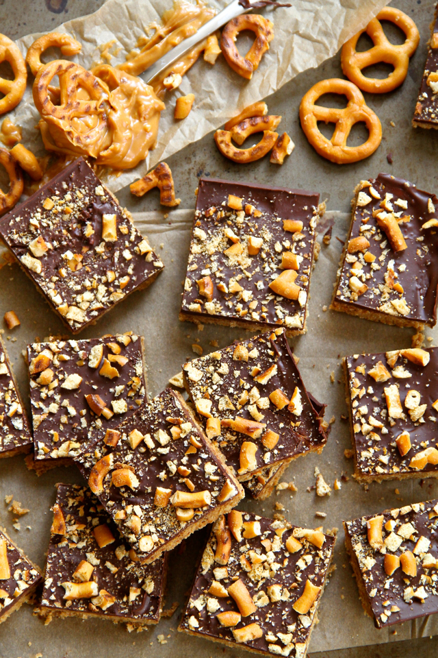 No Bake Salted Caramel Pretzel Bars -- sweet, salty, and melt-in-your-mouth delicious! These bars are made without flour, butter, or refined sugar || runningwithspoons.com #vegan #snack #bars