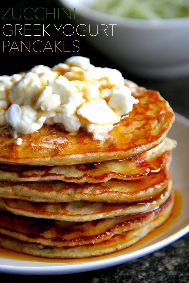 Zucchini Greek Yogurt Pancakes -- light, fluffy, and gluten-free, enjoy the ENTIRE recipe for under 300 calories and 20g of protein! || runningwithspoons.com #glutenfree #breakfast