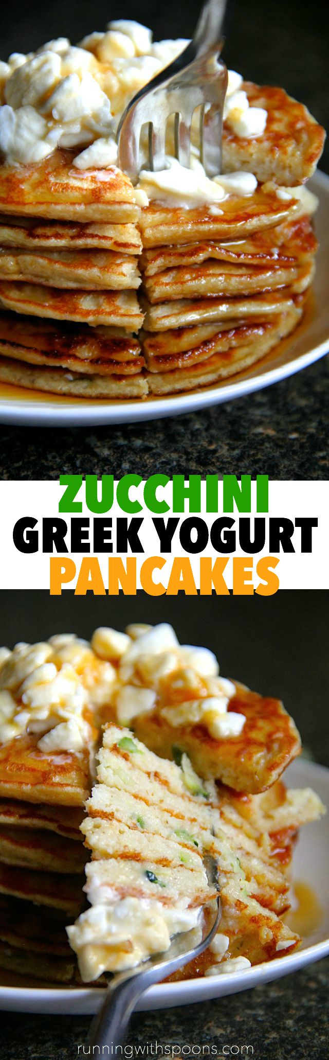 Zucchini Greek Yogurt Pancakes -- light, fluffy, and gluten-free, enjoy the ENTIRE recipe for under 300 calories and 20g of protein! || runningwithspoons.com #glutenfree #breakfast