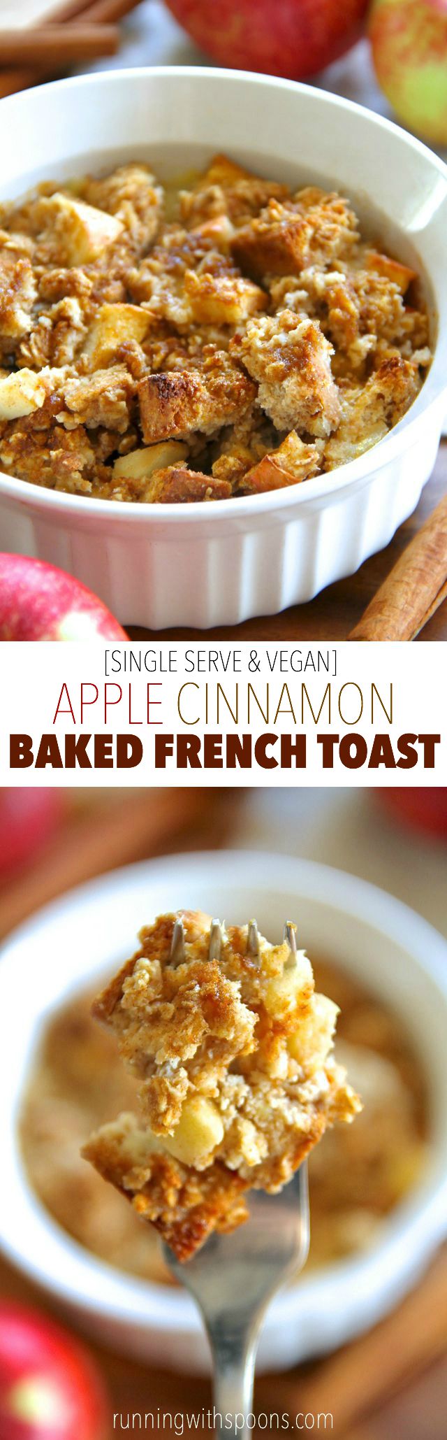 This single serve baked French toast is spiked with the delicious combination of apples and cinnamon! It’s vegan, refined sugar free, easily made gluten-free, and packed with fiber and plant-based protein. A healthy and delicious breakfast! || runningwithspoons.com