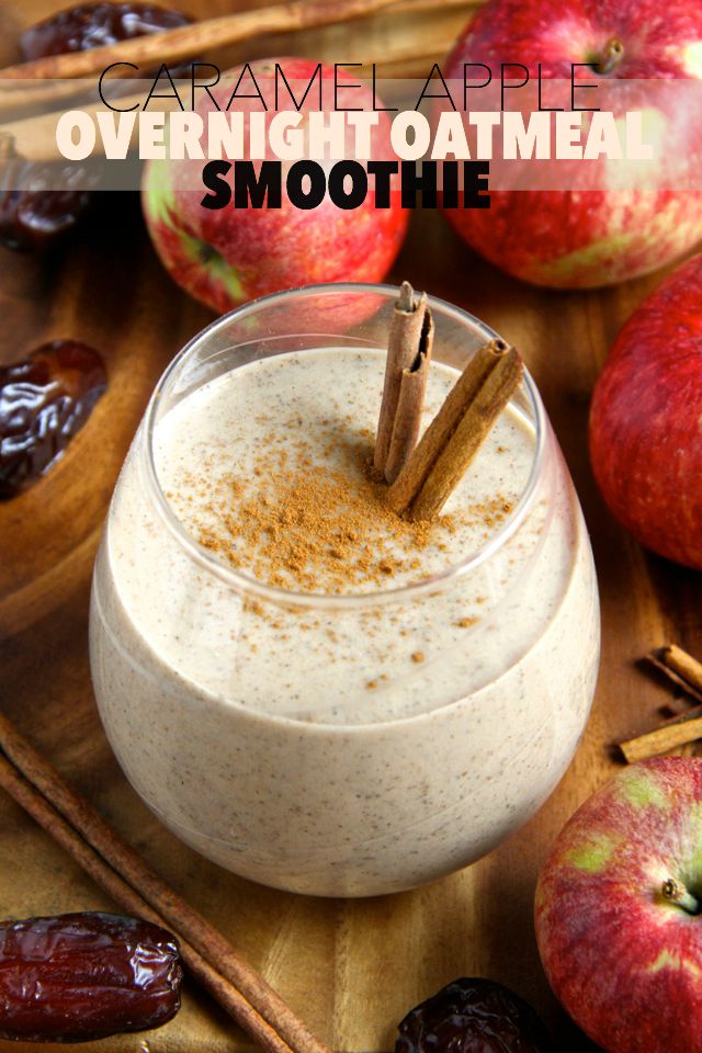 Caramel Apple Overnight Oatmeal Smoothie -- smooth, creamy, and sure to keep you satisfied for hours! This comforting fall-inspired smoothie makes a perfect healthy breakfast or snack! || runningwithspoons.com #vegan #fall #snack #breakfast