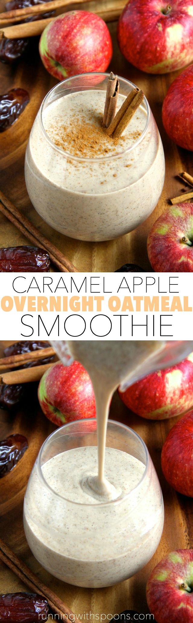 Caramel Apple Overnight Oatmeal Smoothie -- smooth, creamy, and sure to keep you satisfied for hours! This comforting fall-inspired smoothie makes a perfect healthy breakfast or snack! || runningwithspoons.com #vegan #fall #snack #breakfast