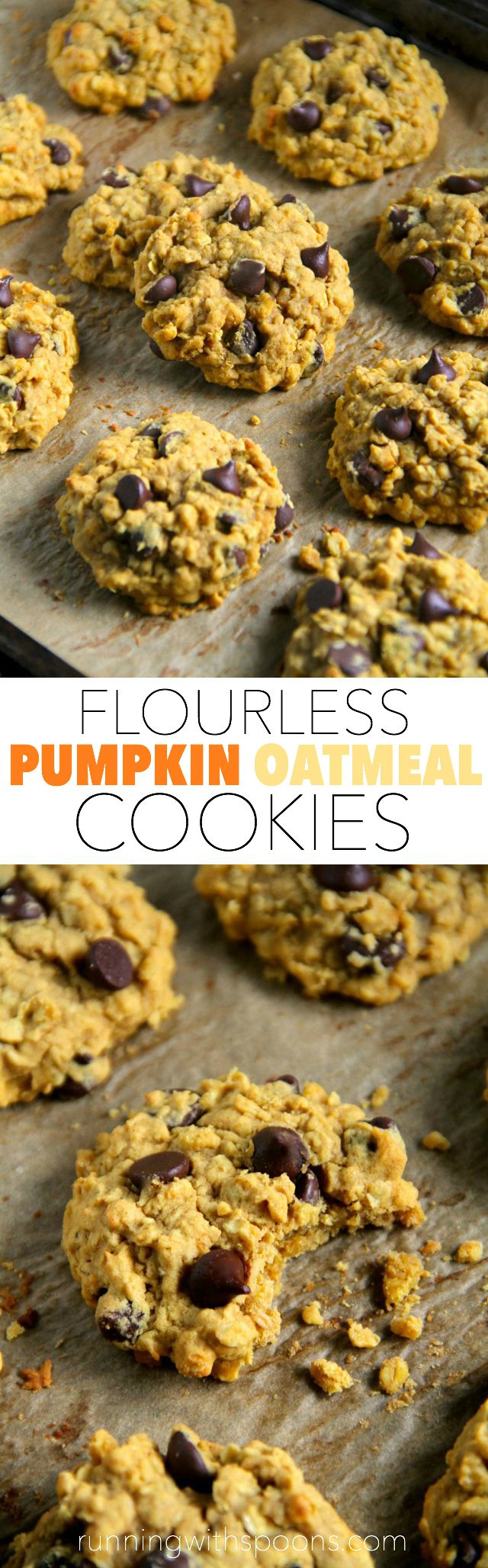 Flourless Pumpkin Oatmeal Cookies -- made without butter or flour, but so soft and chewy that you'd never be able to tell! || runningwithspoons.com #pumpkin #cookies #vegan #fall