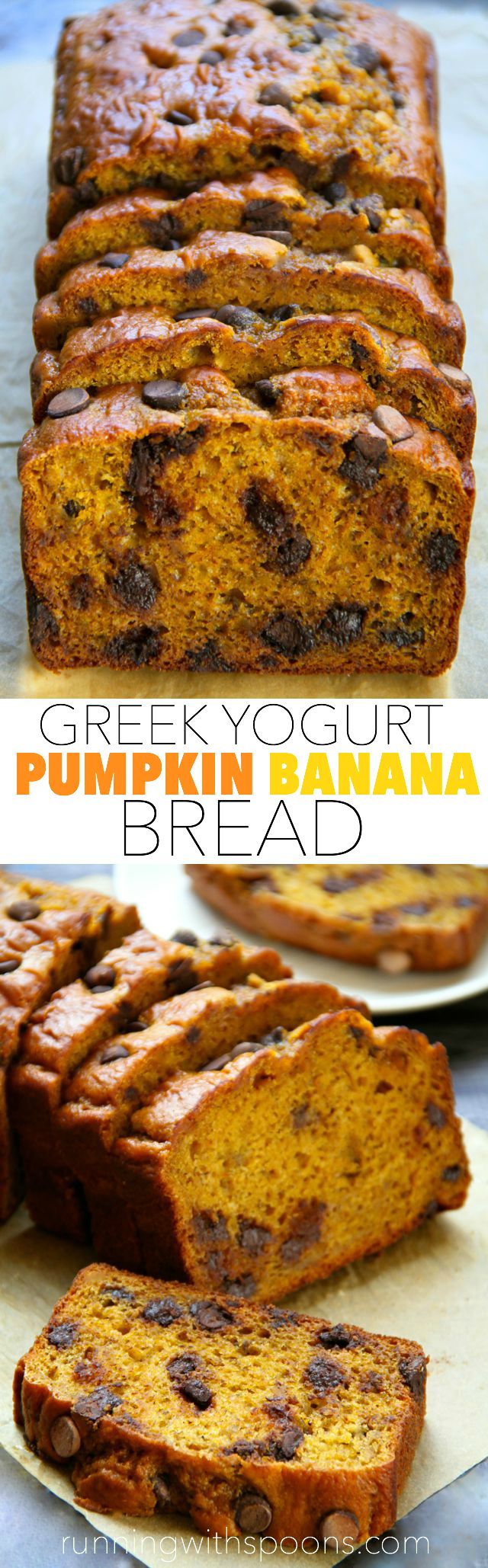 Greek Yogurt Pumpkin Banana Bread -- made without butter or oil, but so soft and tender that you'd never be able to tell! A healthy and delicious snack! || runningwithspoons.com #pumpkin #banana #fall