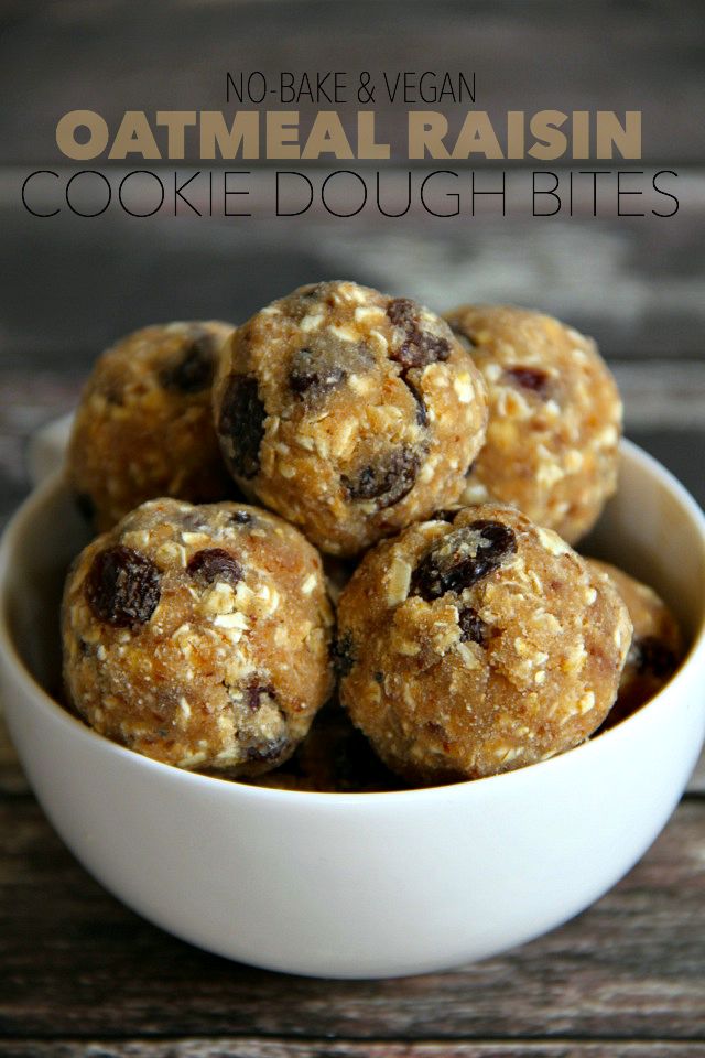 No Bake Oatmeal Raisin Cookie Dough Bites -- soft, chewy, and easy to make, these naturally gluten-free and vegan bites make a healthy and delicious snack for any time of the day || runningwithspoons.com #snack #vegan #bites