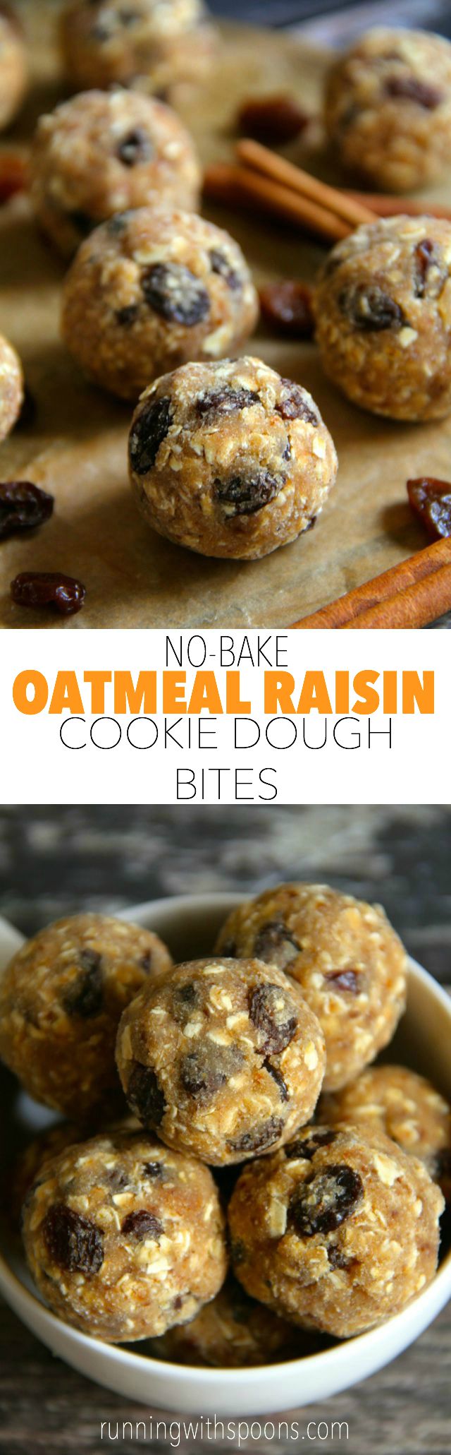 No Bake Oatmeal Raisin Cookie Dough Bites -- soft, chewy, and easy to make, these naturally gluten-free and vegan bites make a healthy and delicious snack for any time of the day || runningwithspoons.com #snack #vegan #bites