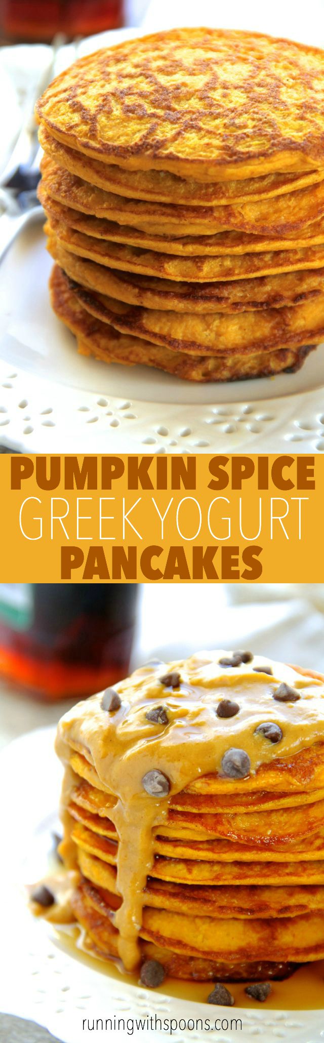 Pumpkin Spice Greek Yogurt Pancakes -- light, fluffy, and made in the blender, enjoy the ENTIRE recipe for under 300 calories with 20g of protein! || runningwithspoons.com #pumpkin #pancakes #breakfast