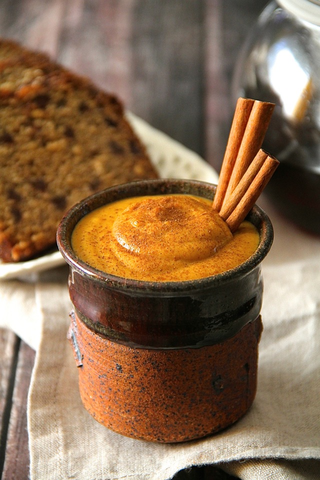 Sweet and Creamy Pumpkin Spread -- made with 3 ingredients and in under 2 minutes, this pumpkin spread is the perfect way to add a touch of fall flavour to your favourite meals and snacks! Vegan, gluten-free, and Paleo friendly || runningwithspoons.com #pumpkin #fall #vegan