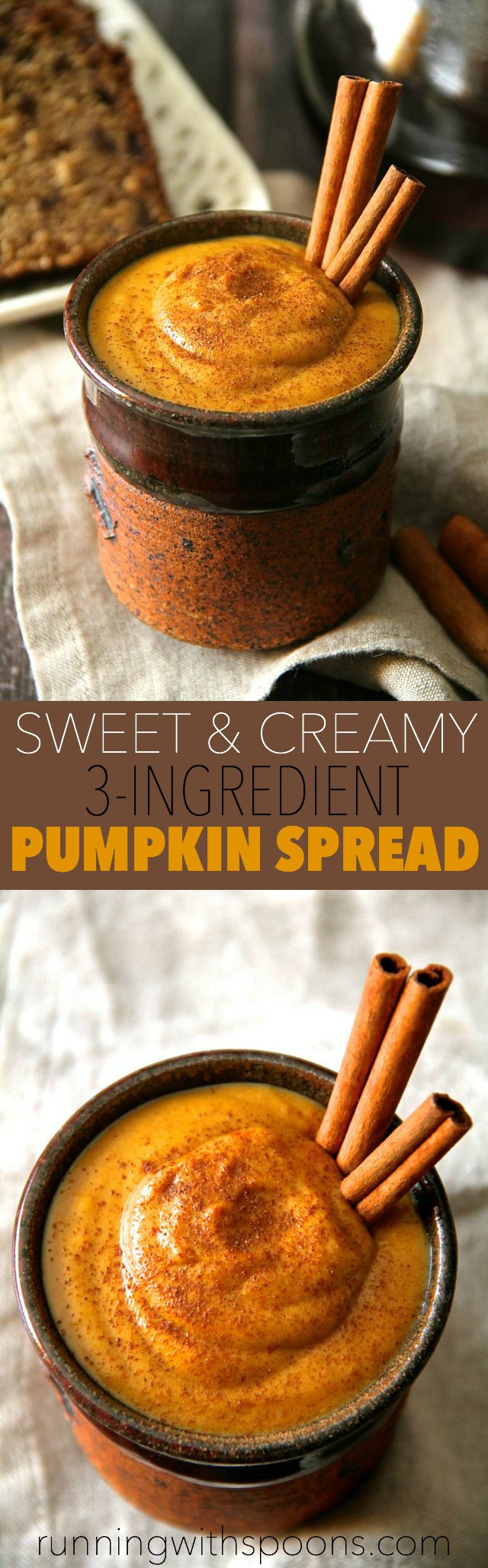 Sweet and Creamy Pumpkin Spread -- made with 3 ingredients and in under 2 minutes, this pumpkin spread is the perfect way to add a touch of fall flavour to your favourite meals and snacks! Vegan, gluten-free, and Paleo friendly || runningwithspoons.com #pumpkin #fall #vegan