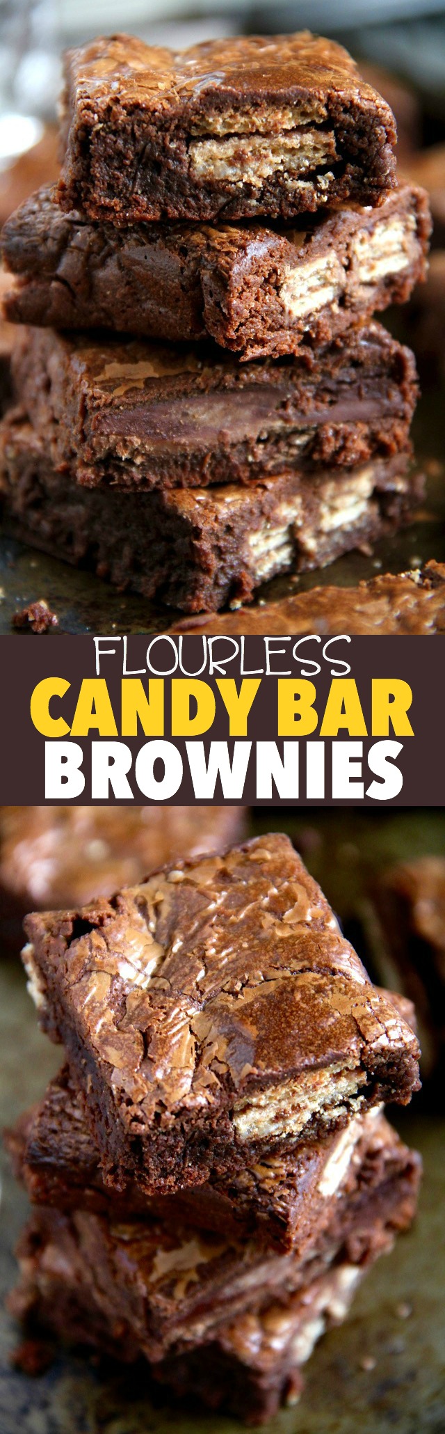 Soft, fudgy, and LOADED with chocolate, these Flourless Candy Bar Brownies are a great way to use up that leftover Halloween, Christmas, or Easter candy! The perfect dessert for any chocolate lover. || runningwithspoons.com #chocolate #brownies #candy #dessert