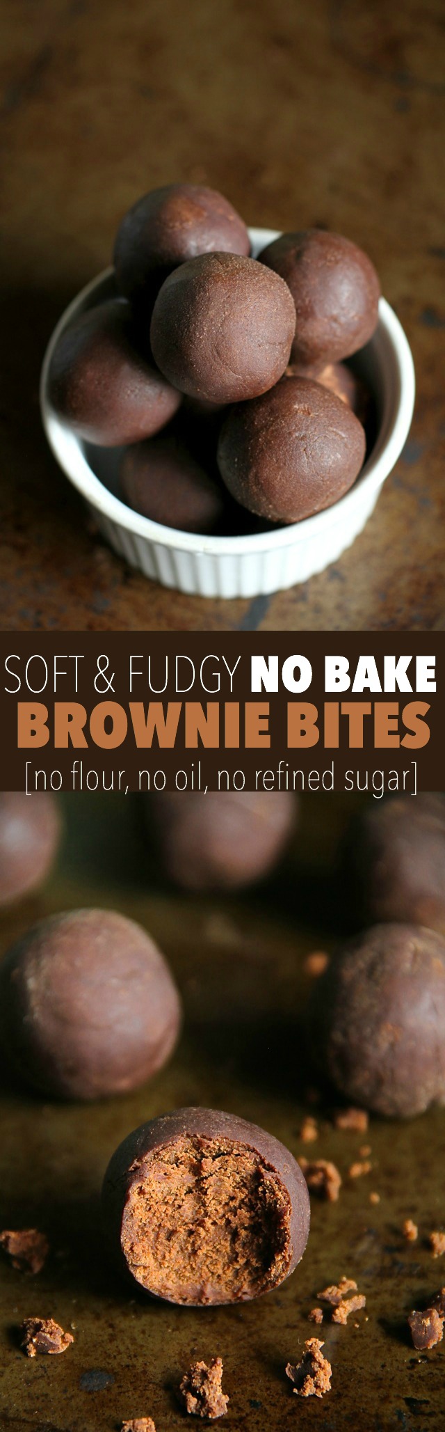 No Bake Brownie Bites -- these soft and fudgy bites taste just like a batch of soft-baked brownies, but are made without flour, oil, eggs, or refined sugar! || runningwithspoons.com #chocolate #brownies #vegan #glutenfree #snack