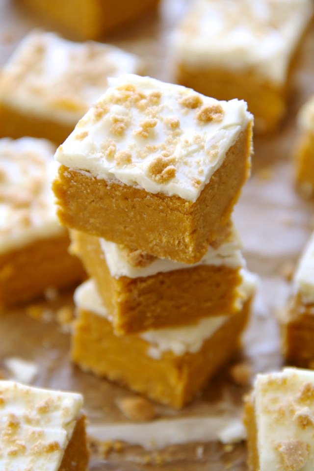 These soft and creamy No Bake Pumpkin Cheesecake Bites combine the tanginess of cheesecake with the spicy sweetness of pumpkin pie. Easily made gluten-free or vegan depending on your dietary needs, they're an irresistible fall treat that everyone will love! || runnningwithspoons.com #pumpkin #cheesecake #nobake