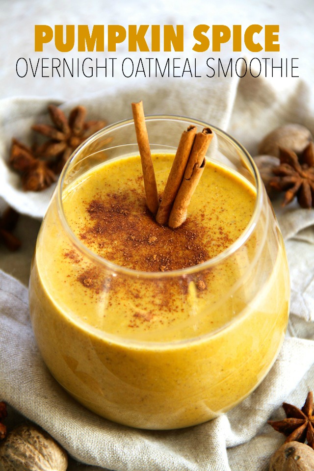 Pumpkin Spice Overnight Oatmeal Smoothie -- smooth, creamy, and sure to keep you satisfied for hours! This delicious "I can't believe it's healthy" smoothie is a great way to satisfy those pumpkin spice latte cravings without all the added sugar || runningwithspoons.com #pumpkin #smoothie #vegan #healthy #breakfast