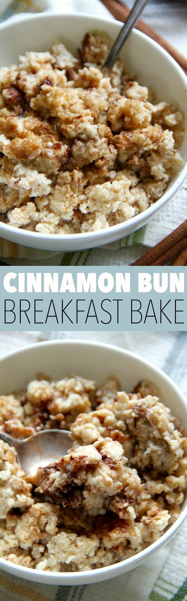 Cinnamon Bun Breakfast Bake -- enjoy the taste and texture of a traditional cinnamon bun without all the added sugar and saturated fat! The gluten-free and vegan breakfast bake is a healthy and delicious way to start the day. || runningwithspoons.com #vegan #glutenfree #breakfast