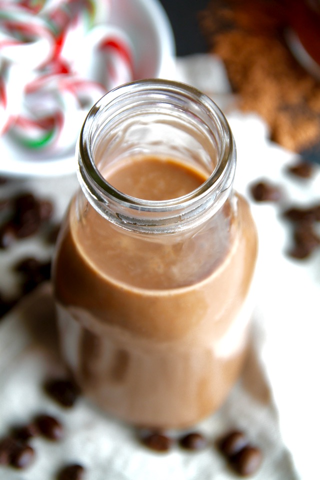 Dairy-free Peppermint Mocha Coffee Creamer -- this naturally sweetened, vegan coffee creamer is a healthy and delicious alternative to store-bought creamers. It's gluten-free, Paleo-friendly, and tastes AMAZING! || runningwithspoons.com #vegan #coffee #healthy #diy