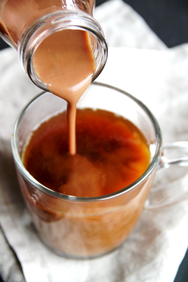 Dairy-free Peppermint Mocha Coffee Creamer -- this naturally sweetened, vegan coffee creamer is a healthy and delicious alternative to store-bought creamers. It's gluten-free, Paleo-friendly, and tastes AMAZING! || runningwithspoons.com #vegan #coffee #healthy #diy