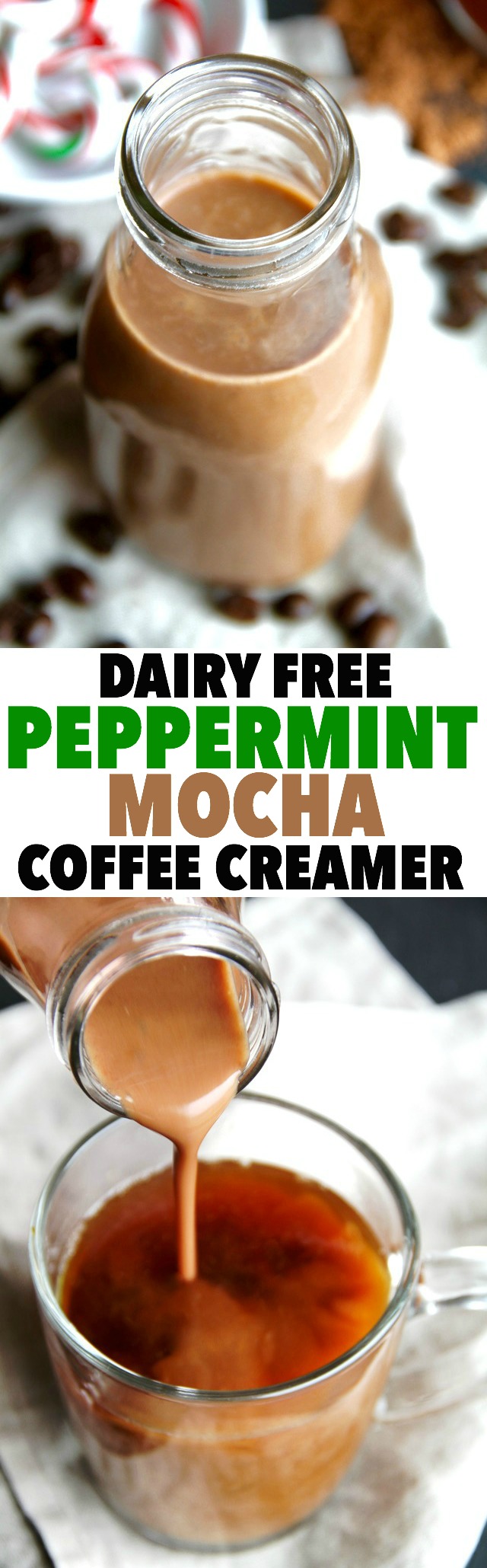 Dairy-free Peppermint Mocha Coffee Creamer -- this naturally sweetened, vegan coffee creamer is a healthy and delicious alternative to store-bought creamers. It's gluten-free, Paleo-friendly, and tastes AMAZING! || runningwithspoons.com #vegan #coffee #healthy #diy