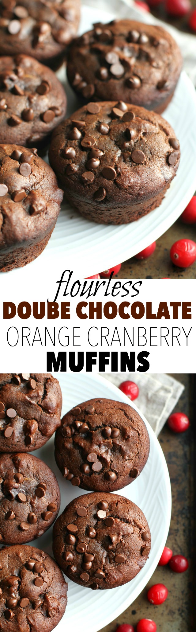 Flourless Double Chocolate Orange Cranberry Muffins -- gluten-free, grain-free, oil-free, dairy-free, refined sugar-free, but so soft and flavourful that you'd never be able to tell they're healthy! || runningwithspoons.com #chocolate #muffins #healthy #Christmas #recipe