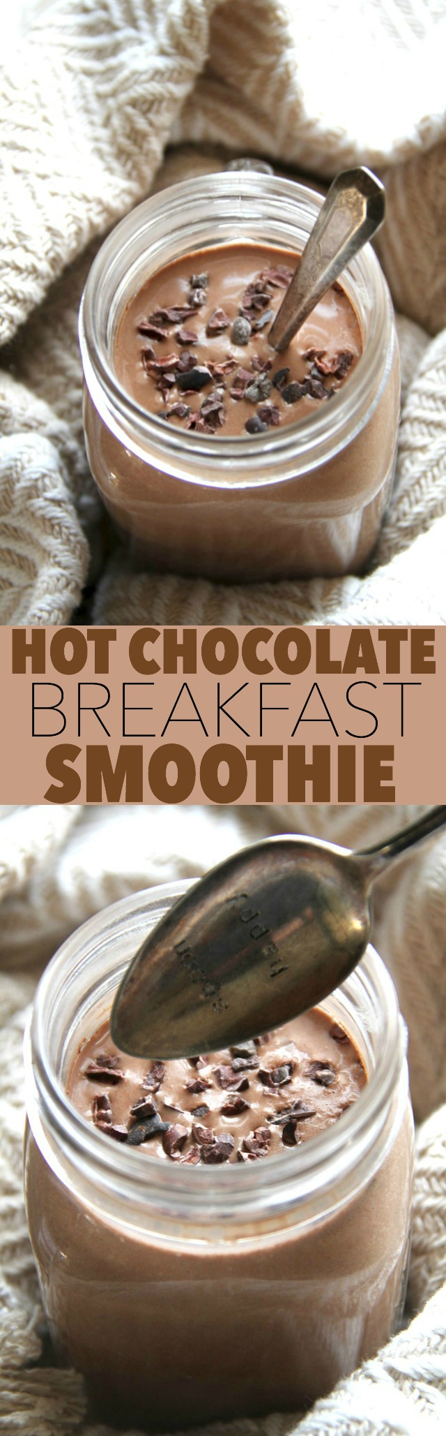 Hot Chocolate Breakfast Smoothie -- smooth, creamy, and sure to keep you satisfied for hours! This warm and comforting vegan smoothie will knock out those chocolate cravings while providing you with a balanced breakfast or snack || runningwithspoons.com #vegan #chocolate #smoothie