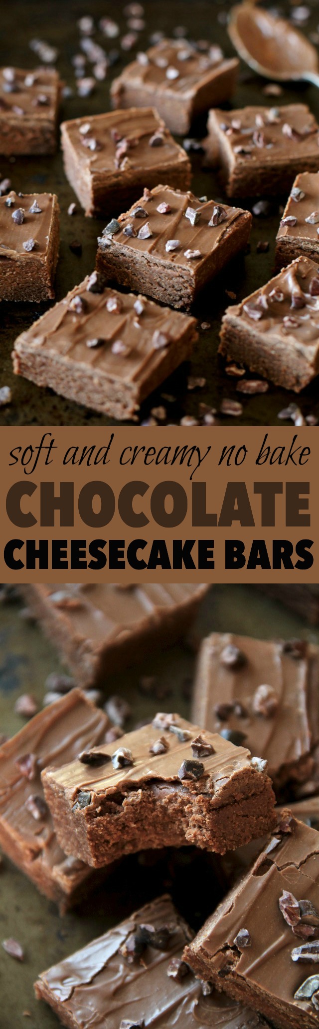 These soft and creamy No Bake Dark Chocolate Cheesecake Bars combine the subtle tanginess of cheesecake with the irresistible taste of dark chocolate. Easily made gluten-free or vegan depending on your dietary needs, they're a delicious lightened-up treat for any chocolate lover! || runnningwithspoons.com #chocolate #cheesecake #nobake
