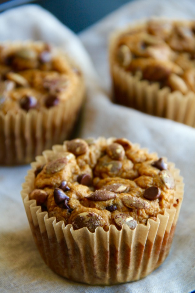 Pumpkin Oat Greek Yogurt Muffins -- made without flour, butter, or oil, but so ridiculously tender and delicious that you'd never be able to tell! || runningwithspoons.com #healthy #muffins #pumpkin #glutenfree