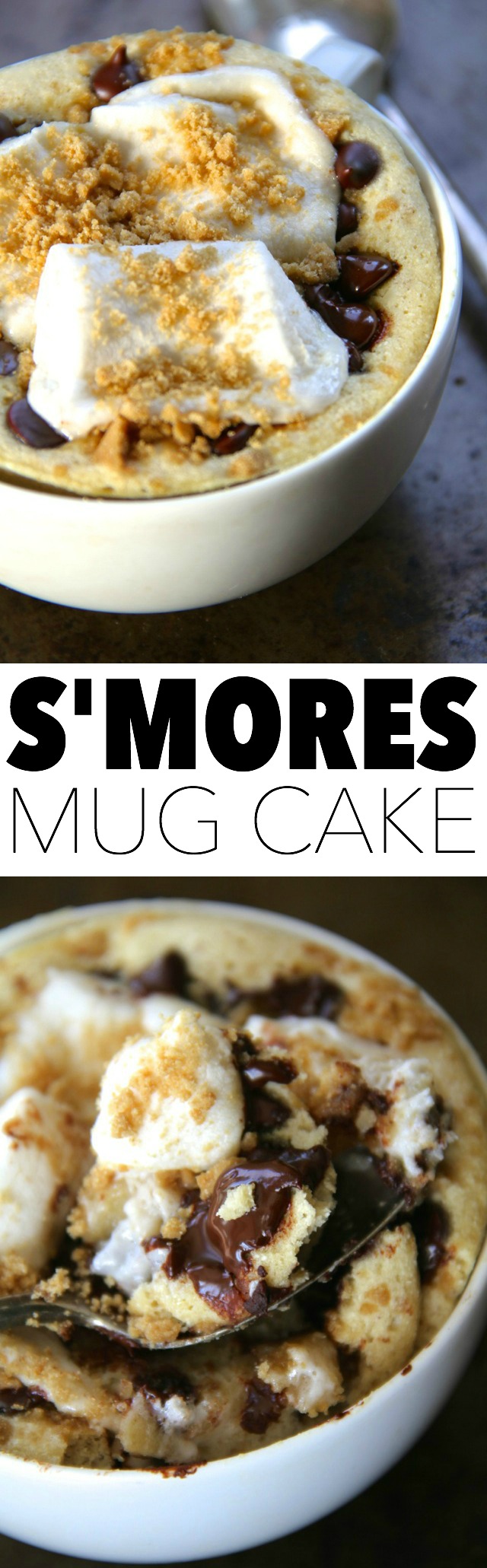 S'mores Mug Cake -- No campfire? no problem! Satisfy your s'mores craving with this soft and doughy campfire-free mug cake. Quick, easy, and made without butter or oil, it makes a perfect single-serve snack! || runningwithspoons.com #s'mores #mugcake #snack